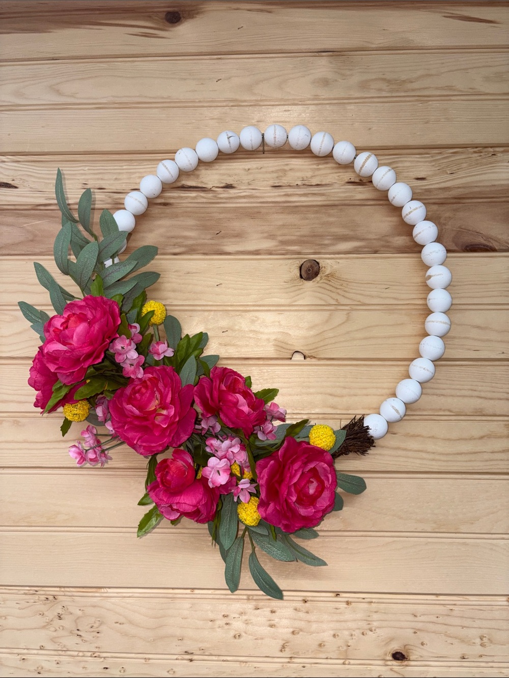 Decorative Pink Floral Bead Wreath - White Bead Hoop